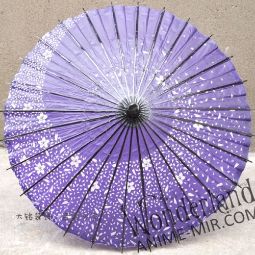 Бумажный Японский зонтик (фиолетовый с маленькими цветами сакуры и лепестками) / Japanese umbrella